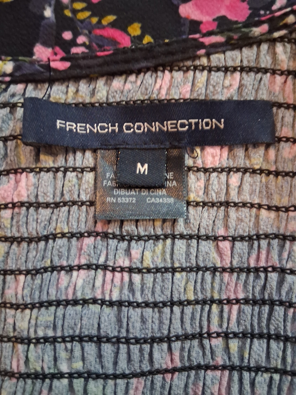 French Connection Black Floral Smocked Mini Dress with Pink Accents Fit & Flare - Picture 6 of 7